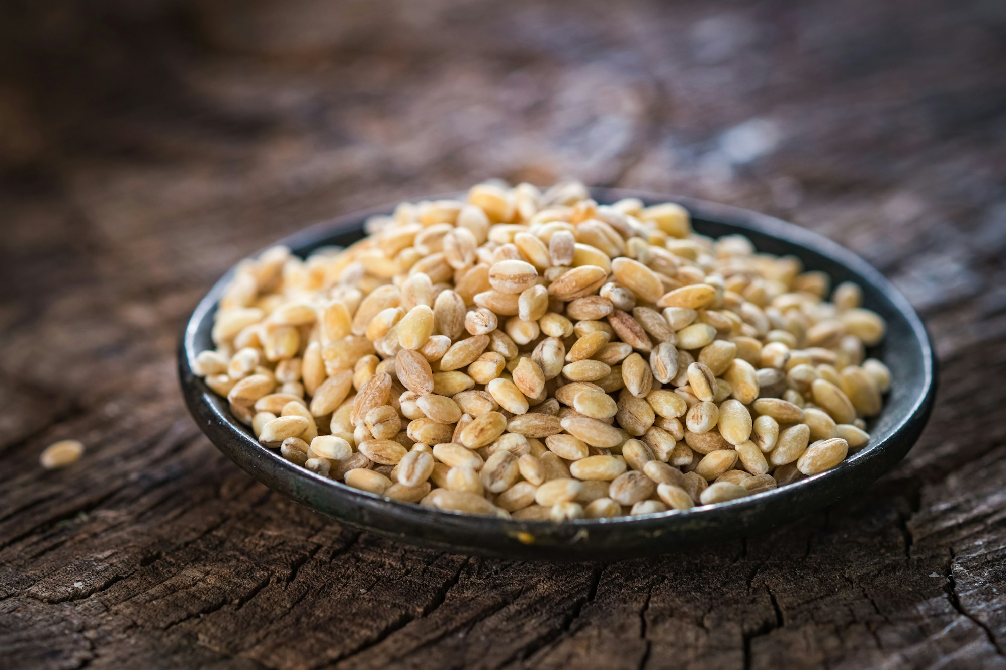 Dry pearl barley on rustic background